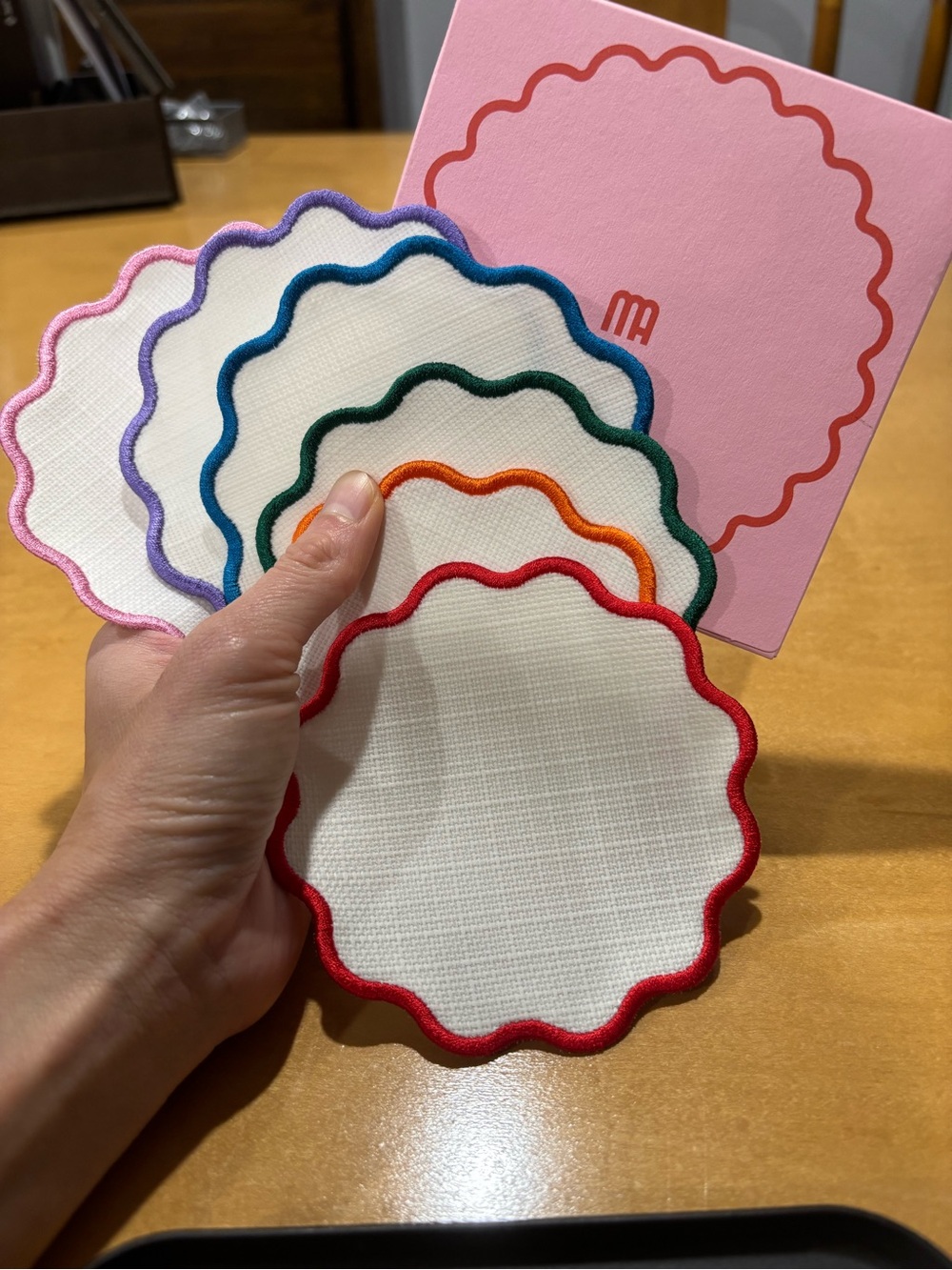 Set of 6 Scalloped Edge Coasters with Colorful Trim